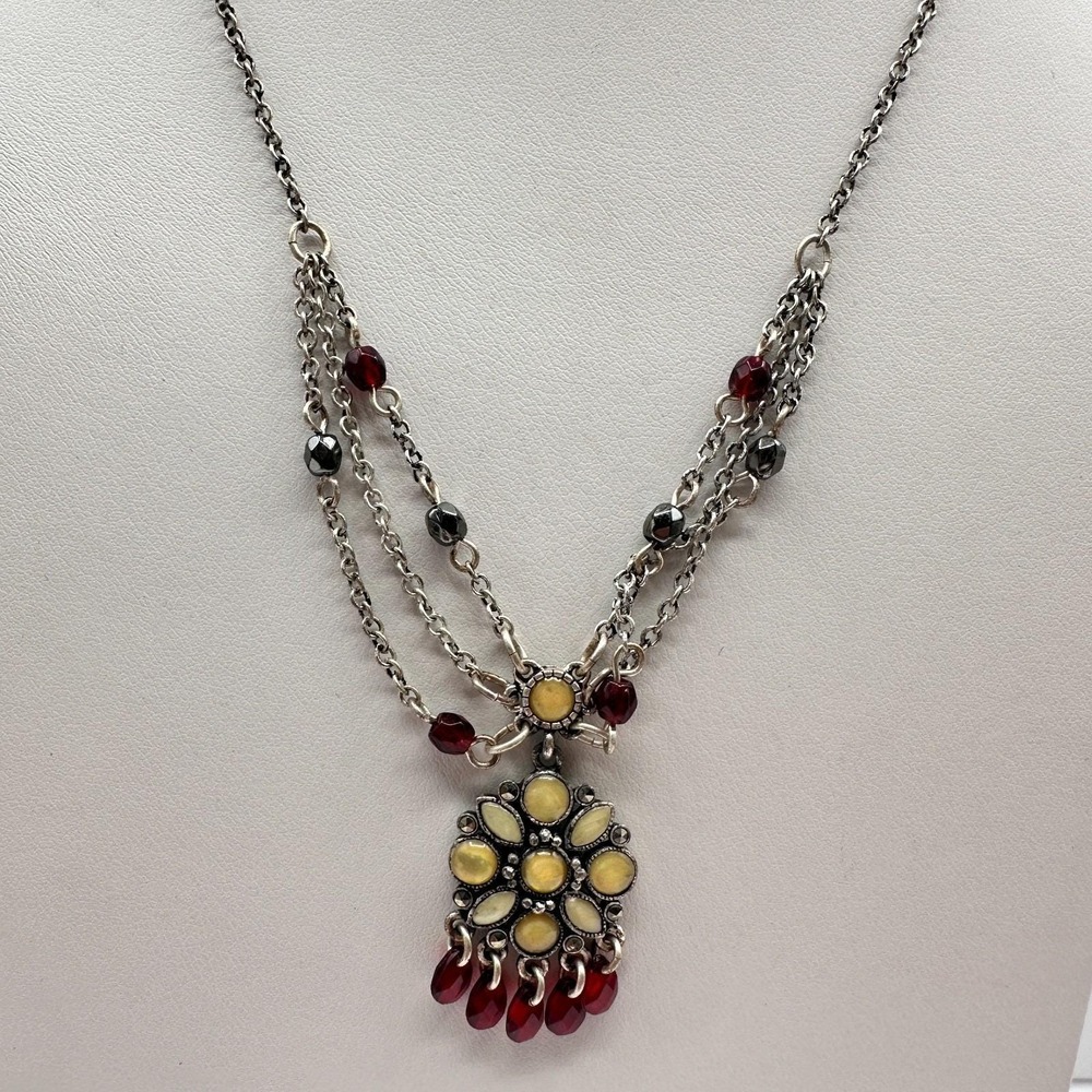 Vintage 20s Yellow Flower Pendant Silver Tone‎ Multi-Strand Necklace Jewelry